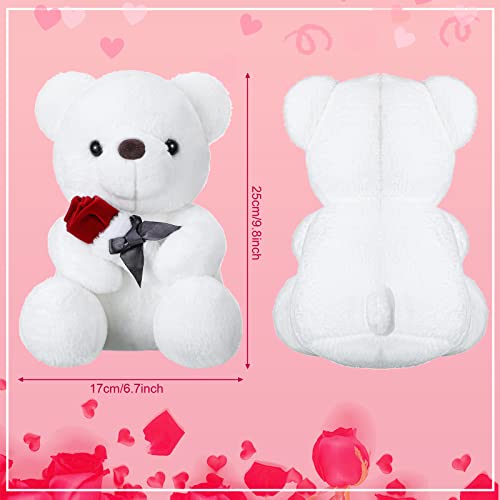 Oso de Peluche de San Valentín para Novia Lindo Oso de Peluche de Felpa Corta Oso de Peluche de Día de San Valentín Oso de Peluche Romántico Oso de Peluche con Rosa, 8,7 Pulgadas (Blanco) (Blanco)