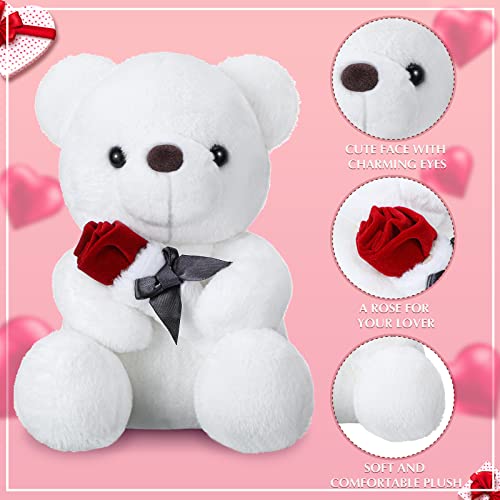 Oso de Peluche de San Valentín para Novia Lindo Oso de Peluche de Felpa Corta Oso de Peluche de Día de San Valentín Oso de Peluche Romántico Oso de Peluche con Rosa, 8,7 Pulgadas (Blanco) (Blanco)