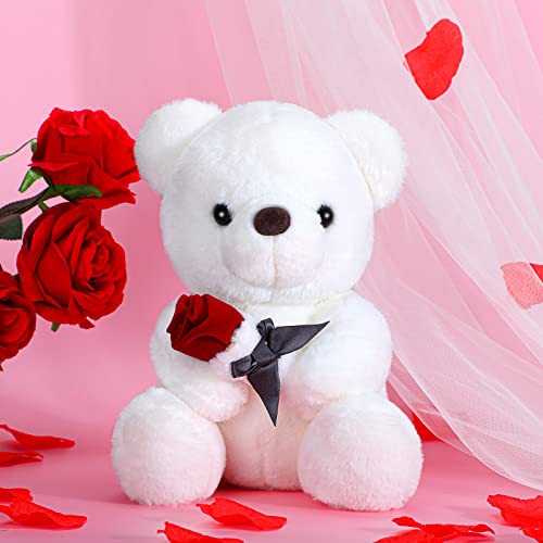 Oso de Peluche de San Valentín para Novia Lindo Oso de Peluche de Felpa Corta Oso de Peluche de Día de San Valentín Oso de Peluche Romántico Oso de Peluche con Rosa, 8,7 Pulgadas (Blanco) (Blanco)