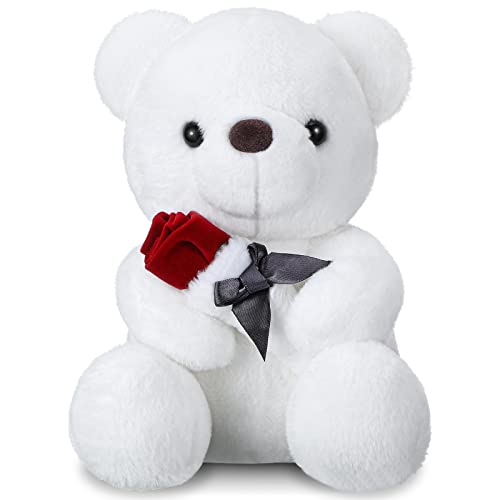 Oso de Peluche de San Valentín para Novia Lindo Oso de Peluche de Felpa Corta Oso de Peluche de Día de San Valentín Oso de Peluche Romántico Oso de Peluche con Rosa, 8,7 Pulgadas (Blanco) (Blanco)