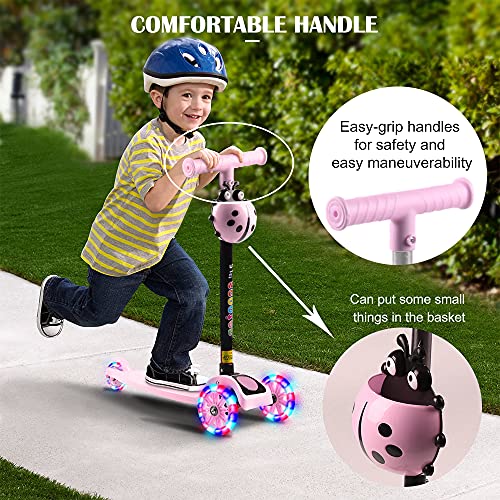 OurLeeme Patinete infantil de 3 ruedas, plegable, con luces LED, para niños pequeños