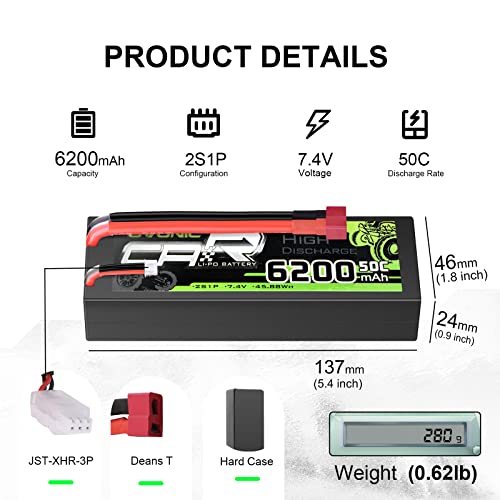 OVONIC 2s Lipo 6200mAh 50C 7.4V Lipo RC Batería HardCase con Deans Plug para RC Evader BX Coche RC Camión RC Truggy RC Avión UAV Drone FPV (2 paquetes)