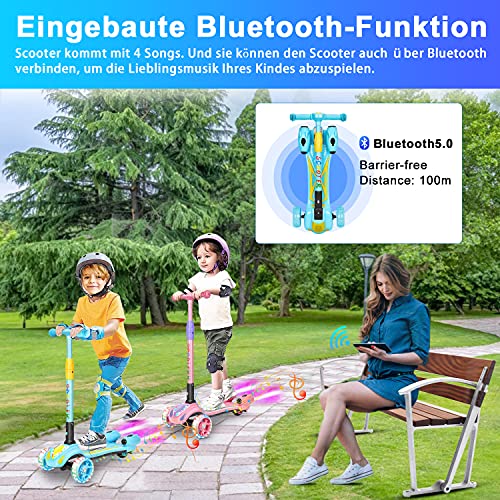 Patinete de 3 ruedas para niños de 3 a 10 años, altura regulable de 3 ruedas, Bluetooth incorporado, con pulverizador de vapor y ruedas luminosas, plegable, para niños, jóvenes y niñas (azul)