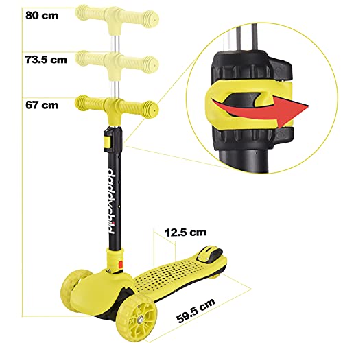 Patinete infantil de tres ruedas con luces LED, frenos traseros de 2 ruedas, 4 manillares plegables de altura regulable, soporta hasta 50 kg, para niños y niñas a partir de 3 años