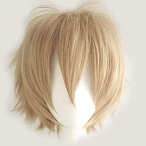 Pelucas completas de cola de pelo rizado Cosplay de 30 CM Peluca corta Mujeres Hombres Peluca Unisex Fiesta de disfraces de Halloween Wig Rubio de lino