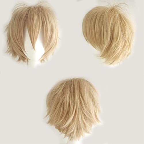 Pelucas completas de cola de pelo rizado Cosplay de 30 CM Peluca corta Mujeres Hombres Peluca Unisex Fiesta de disfraces de Halloween Wig Rubio de lino