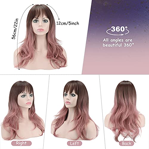 Pelucas Para Mujer Rizada Largas Pelo Natural Gris-Rosa con Flequillo Sintéticas De Aspecto Resistente Al Calor Onduladas Postizos para Cosplay Disfraces Fiesta Diaria 22 Pulgadas