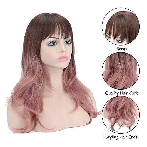 Pelucas Para Mujer Rizada Largas Pelo Natural Gris-Rosa con Flequillo Sintéticas De Aspecto Resistente Al Calor Onduladas Postizos para Cosplay Disfraces Fiesta Diaria 22 Pulgadas