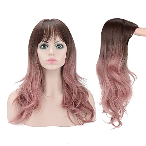 Pelucas Para Mujer Rizada Largas Pelo Natural Gris-Rosa con Flequillo Sintéticas De Aspecto Resistente Al Calor Onduladas Postizos para Cosplay Disfraces Fiesta Diaria 22 Pulgadas