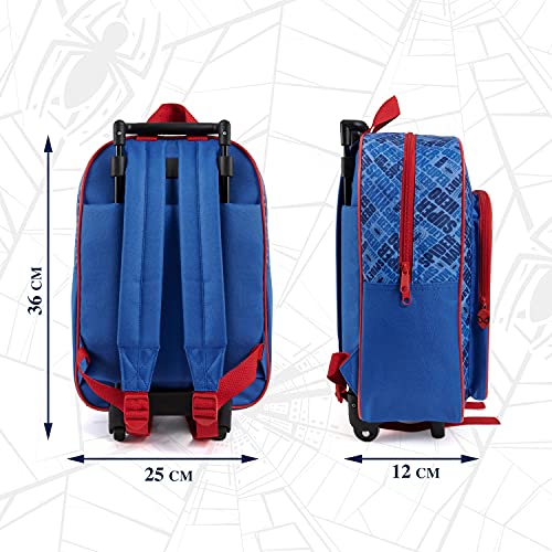 PERLETTI Mochila con Ruedas Marvel Spiderman para Niños - Bolsa Escolar Niño Guardería Viajes Tiempo Libre con Bolsillo Frontal - Mochila Trolley Hombre Araña para Chicos Azul Rojo - 36x25x12 cm