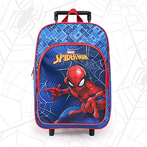 PERLETTI Mochila con Ruedas Marvel Spiderman para Niños - Bolsa Escolar Niño Guardería Viajes Tiempo Libre con Bolsillo Frontal - Mochila Trolley Hombre Araña para Chicos Azul Rojo - 36x25x12 cm