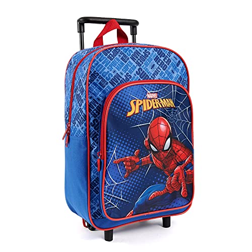 PERLETTI Mochila con Ruedas Marvel Spiderman para Niños - Bolsa Escolar Niño Guardería Viajes Tiempo Libre con Bolsillo Frontal - Mochila Trolley Hombre Araña para Chicos Azul Rojo - 36x25x12 cm