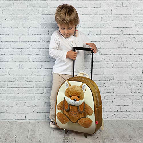 PERLETTI Mochila Trolley Infantil con Animal de Peluche - Bolsa con Ruedas y Muñeco para Niños Niñas 3 4 5 Años - Pequeño Bolso Escolar para Escuela Guardería Viaje - 29x33x11 cm (Zorro)