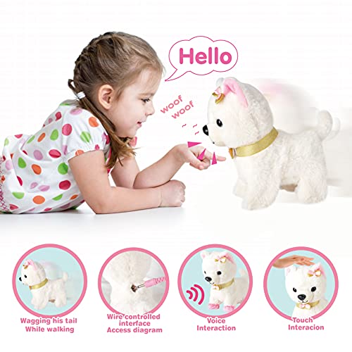 Perro de Juguete Mascota Que Ladra y Anda,Mover la Cola,Niños Peluche Interactivo Electrónico Cachorro Mascota con Correa de Control Remoto & Accesorios,Regalos de para niñi/niñas de 3-6 (Blanco)