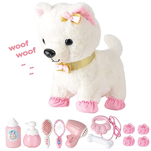 Perro de Juguete Mascota Que Ladra y Anda,Mover la Cola,Niños Peluche Interactivo Electrónico Cachorro Mascota con Correa de Control Remoto & Accesorios,Regalos de para niñi/niñas de 3-6 (Blanco)