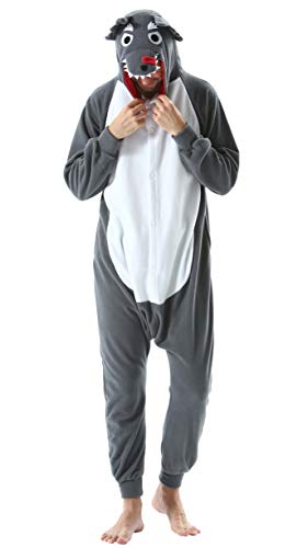 Pijama Animal Entero Unisex para Adultos con Capucha Cosplay Pyjamas Ropa de Dormir Kigurumi Traje de Disfraz para Festival de Carnaval Halloween Navidad Gris Lobo