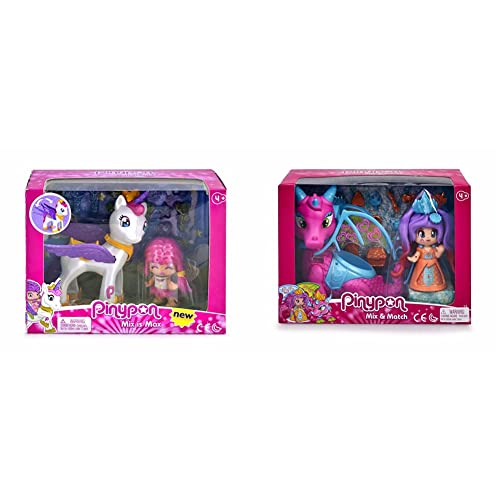 Pinypon Estrella y Unicornio Volador, Color/Modelo Surtido, 32 Pequeños Accesorios (Famosa 700014082) + Reina y Dragón Volador, para niños y niñas a Partir de 4 años, (Famosa 700015547)