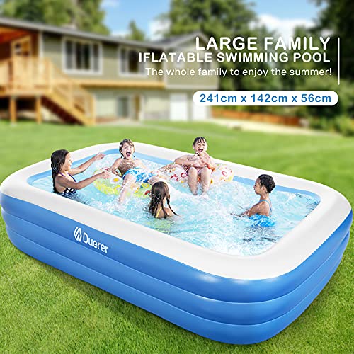 Piscina Hinchable Rectangular, Piscina Inflable Familiar, Piscina Hinchable Niños Grande de Jardín, 241cm x 142cm x 56cm, Puede acomodar a 2 Adultos + 3 niños, Piscina Infantil Interior y Exterior