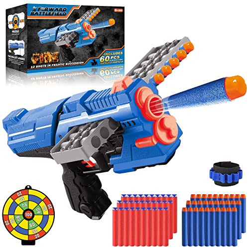 Pistola de Juguete para Flechas Nerf,Pistola de Dardos con Clips de 12 Balas + 60 Dardos de Espuma, Juego de Disparos Infantiles, Juguete de Armas Niño, Regalos de Cumpleaños Niños de 6 a 12 Años