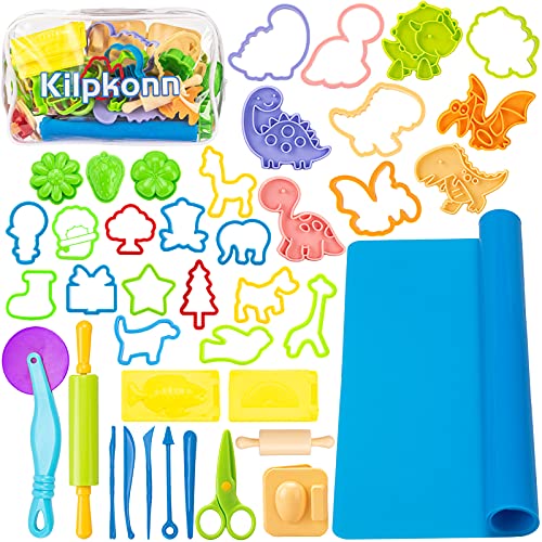 Play Dough Modeler, 41 piezas de accesorios de plastilina, moldes, forma, tijeras, rodillo, tapete para plastilina con bolsa de almacenamiento, juego de fiesta para niños pequeños, niñas y niños