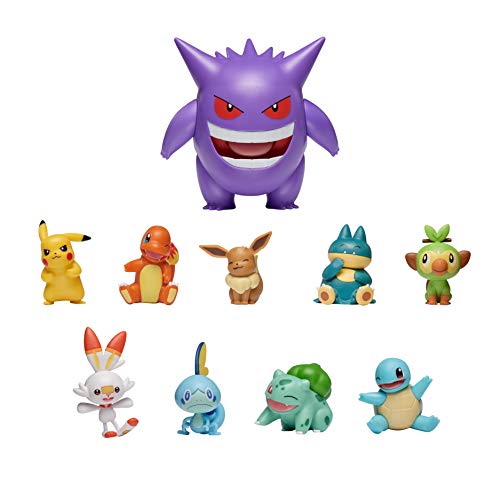 Pokémon Ultimate Battle Multi - Juego de 10 Figuras de acción - Gengar, Pikachu, Charmander, Squirtle, Bulbasaur, Eevee, Sobble, Grookey, Scorbunny & Munchlax - Detalles Oficiales auténticos