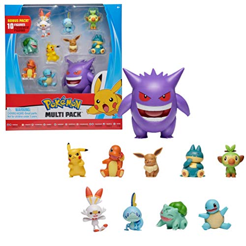 Pokémon Ultimate Battle Multi - Juego de 10 Figuras de acción - Gengar, Pikachu, Charmander, Squirtle, Bulbasaur, Eevee, Sobble, Grookey, Scorbunny & Munchlax - Detalles Oficiales auténticos