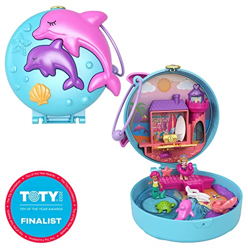 ​Polly Pocket Dolphin Beach Compact, Beach-Adventure Theme with Micro Polly & Mermaid Doll, 5 Reveals & 13 Accessories