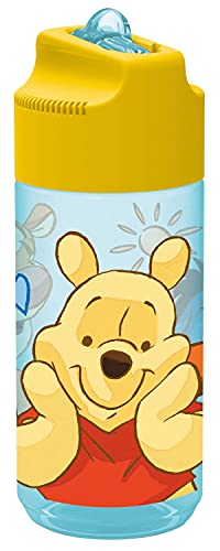 POS 27291 - Botella de agua con diseño de Winnie the Pooh, transparente con pajita abatible, sin BPA, capacidad aprox. 430 ml, ideal para guardería, escuela, deporte y ocio