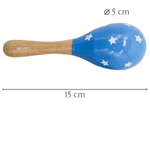 PREMYO Sonajeros Bebé Maracas - Juguete de Madera Infantiles - Instrumentos Musicales para Niños - Estrellas Azul Blanco