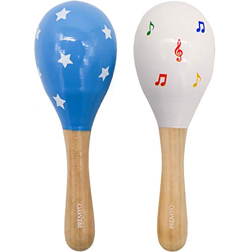 PREMYO Sonajeros Bebé Maracas - Juguete de Madera Infantiles - Instrumentos Musicales para Niños - Estrellas Azul Blanco