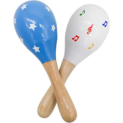 PREMYO Sonajeros Bebé Maracas - Juguete de Madera Infantiles - Instrumentos Musicales para Niños - Estrellas Azul Blanco