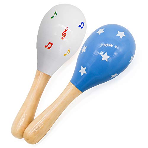 PREMYO Sonajeros Bebé Maracas - Juguete de Madera Infantiles - Instrumentos Musicales para Niños - Estrellas Azul Blanco