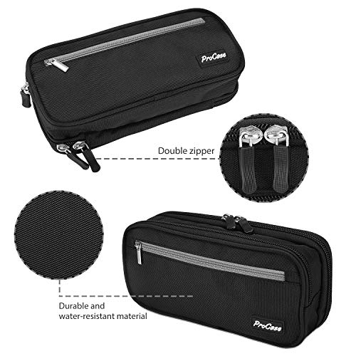 ProCase Estuche Escolar de Gran Capacidad, Bolsa de Lápiz Portable Estuche Organizador de Material Papelería con Cremallera Doble para Estudiantes en Escuela y Empleados en Oficina –Negro