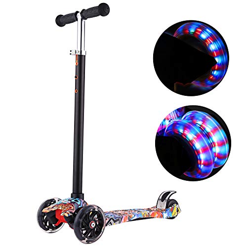 Profun Patinete 3 Ruedas Patinete para Niños Scooter con 4 Ruedas Flash Patinete con Luces Altura de Manillar Ajustable de 77CM a 87CM Ideal para Niños de 3 - 10 años(Menores de 1,4 m)(Graffiti 5)