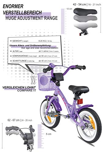 Prometheus 2021 - Bicicleta para niña (12 pulgadas, ruedas de apoyo, a partir de 3 años, contrapedal, 12 pulgadas, modelo de 2021), color morado y blanco