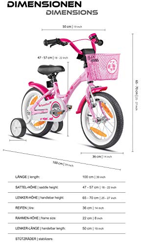 Prometheus Bicicleta para niños de 3 a 5 años | Bicicleta Infantil 4 años para niñas 14 Pulgadas con ruedines en Rosa y Blanco