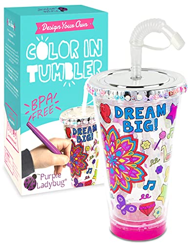 Purple Ladybug CREA tu Propio Vaso Personalizado con Diseño Colorido! Vaso para Niñas con Tapa y Pajita - Un Gran Regalo para Niña, Kit de Manualidades para Niños, Un Divertido DIY