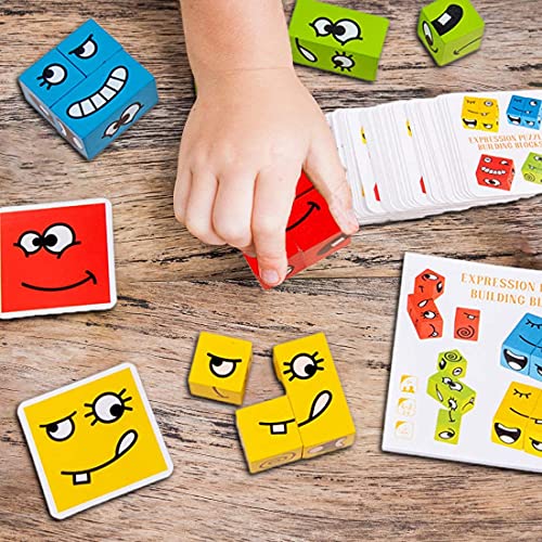 Puzzle de Expresión Emoji Cubo de Madera, PECHTY Emoticon Juegos de Expresiones Montessori Juguetes Educativos para Niños, Rompecabezas Divertidos Bloques de Construcción IQ Puzzle