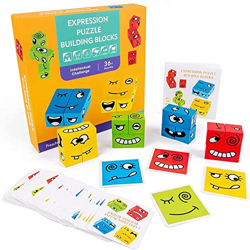 Puzzle de Expresión Emoji Cubo de Madera, PECHTY Emoticon Juegos de Expresiones Montessori Juguetes Educativos para Niños, Rompecabezas Divertidos Bloques de Construcción IQ Puzzle