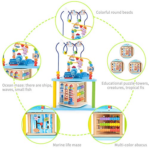 Q-FQRM Juguete de Madera para Bebé Juguete Actividad Cubo de Madera Juguetes de Cubo para niños, Laberinto Educativo para niños pequeños, Centro de Actividades 4-in-1