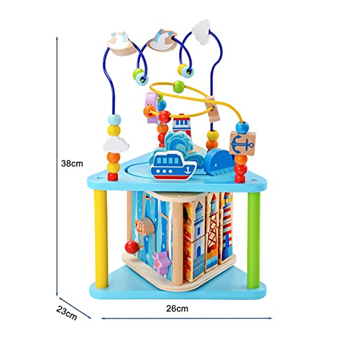 Q-FQRM Juguete de Madera para Bebé Juguete Actividad Cubo de Madera Juguetes de Cubo para niños, Laberinto Educativo para niños pequeños, Centro de Actividades 4-in-1