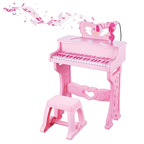 Q-FQRM Órgano | Piano Electrónico para Niños | Instrumento Musical Electrónico de 37 Teclas para Niño&Niña - Juguete Musical y Educativo con Micrófono| Múltiples Modos de Luz & Taburete - Rosa