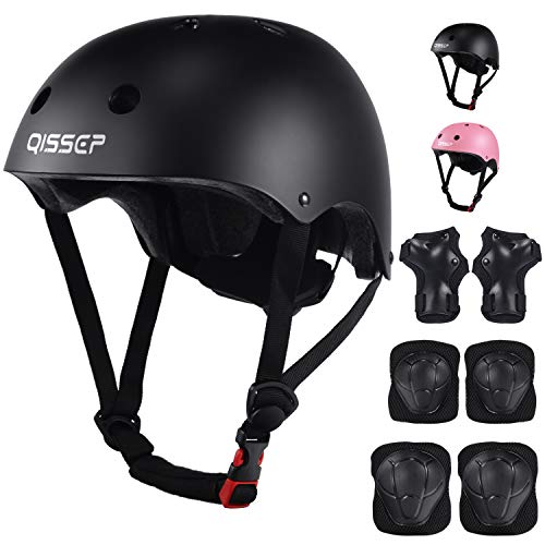 Qissep Casco de Ciclismo para Niños, Protecciones Patines Niña Rodilleras y Cascos Ajustable Coderas para Patinar Bicicleta Monopatín Patinaje sobre Ruedas (Negro)