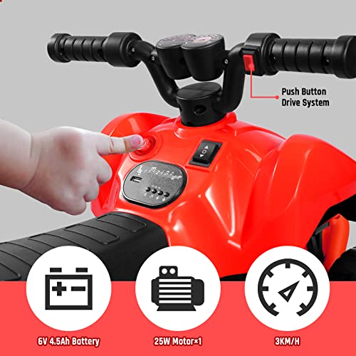 Quad Electrico Coche a Batería de 6V con Motor Trasero de 25W, Accionamiento por Botón, Bluetooth / USB / Música Incorporada, Interruptor de Avance / Retroceso, Niños-Rojo