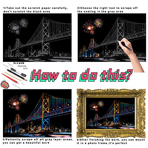 Rascador de papel para arañazos y pintura de rascado de la ciudad famosa del mundo DIY vista nocturna para adultos y niños con 4 herramientas, tamaño de 11.2 x 16 pulgadas (Seattle + Bay Bridge)