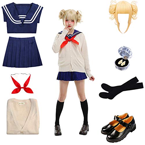 Raymonj Himiko Toga Disfraz de Cosplay My Hero Academia Cosplay JK Uniforme Uniforme de Escuela Secundaria Vestido Suéter Cardigan Peluca Colmillos Zapatos Medias Conjunto Completo