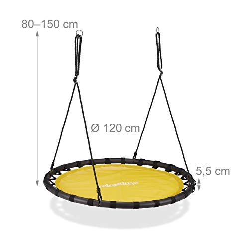 Relaxdays Columpio Jardín Redondo Ajustable para Niños y Adultos, hasta 100 kg, Amarillo, ø 120 cm