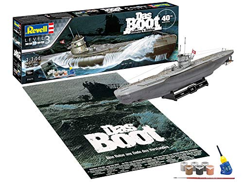 Revell-Revell-05675 Regalo Set Das BOOT-40 Aniversario, Escala 1:144, con Pinturas Base, Pegamento y brocha Other License Kit de Modelo de plástico, Color sin Pintar (05675)