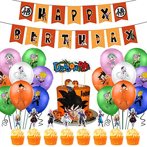 REYOK Kit de Decoraciones de Cumpleaños de Dragon Ball Globos de Látex de Dragon Ball Cupcake Toppers Pancarta de Fiesta de Goku Suministros de Fiesta Temáticos