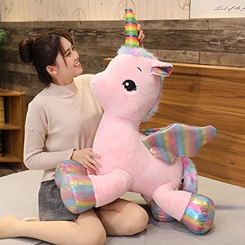 RJGLKS Juguete de Peluche de Unicornio de tamaño Gigante, alas de arcoíris, muñeco de Unicornio Relleno, Caballo, Juguete para niña, cumpleaños, 100 cm, Rosa